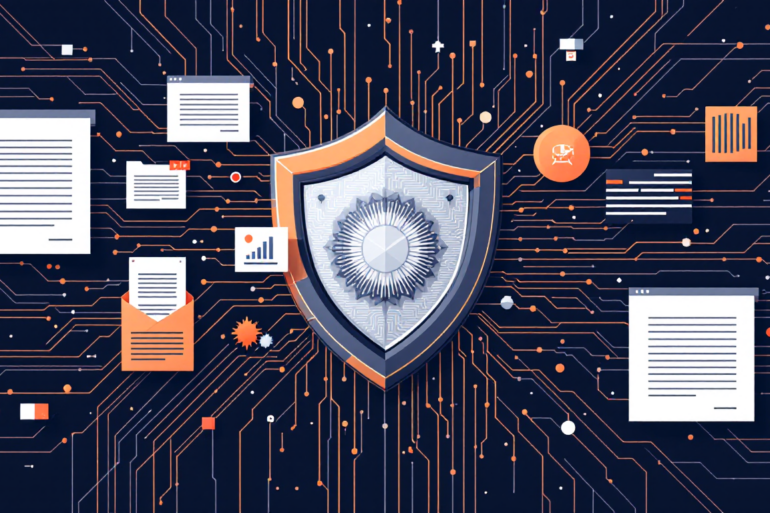 Abstract illustration depicting security scrutiny of classified network access with geometric shield and circuit patterns