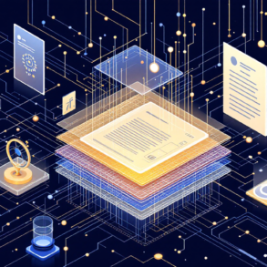 Abstract illustration of legal documents transforming into AI data networks representing legal technology automation