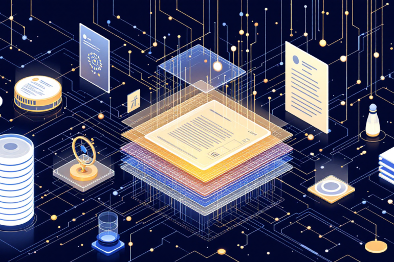 Abstract illustration of legal documents transforming into AI data networks representing legal technology automation