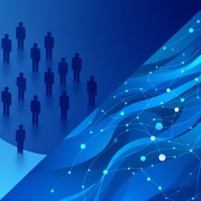 Abstract illustration depicting workforce restructuring with human figures transitioning to AI neural network patterns