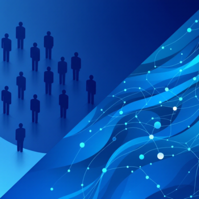 Abstract illustration depicting workforce restructuring with human figures transitioning to AI neural network patterns