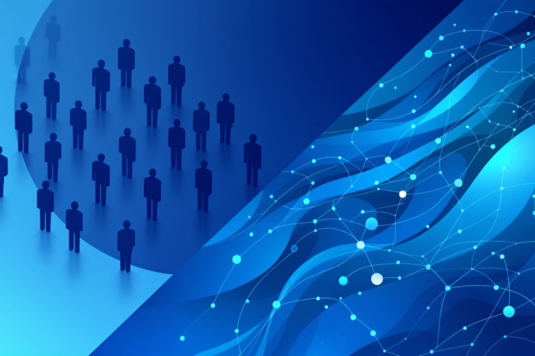 Abstract illustration depicting workforce restructuring with human figures transitioning to AI neural network patterns