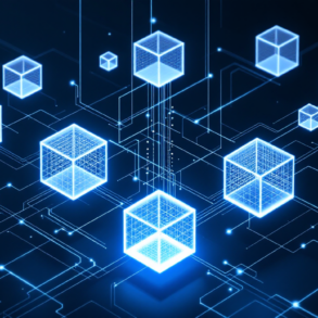 Abstract illustration of quantum computing infrastructure with interconnected geometric nodes on deep navy background