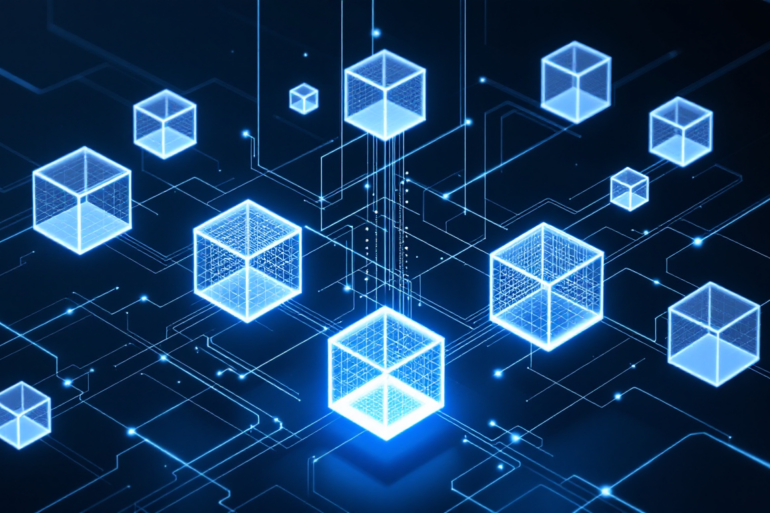 Abstract illustration of quantum computing infrastructure with interconnected geometric nodes on deep navy background