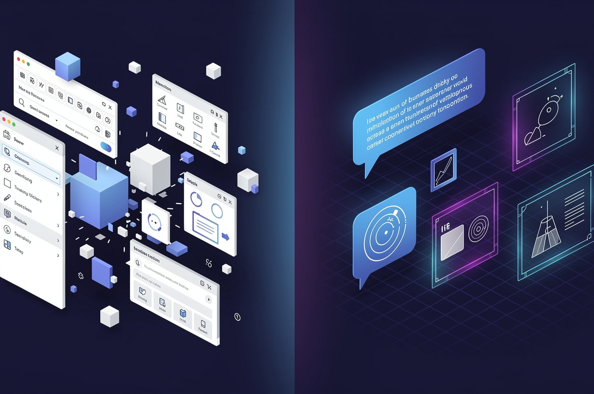 Editorial illustration depicting the transition from traditional software interfaces to conversational AI interaction in creative applications
