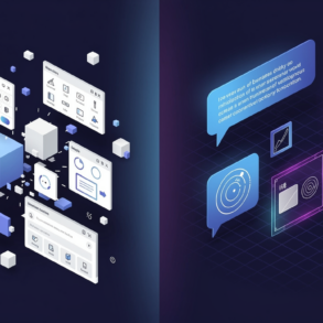 Editorial illustration depicting the transition from traditional software interfaces to conversational AI interaction in creative applications