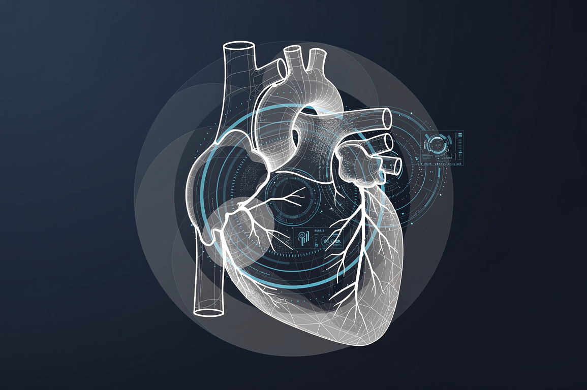 Abstract geometric illustration representing AI-powered cardiac imaging analysis with layered circular forms and data visualization elements