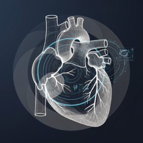 Abstract geometric illustration representing AI-powered cardiac imaging analysis with layered circular forms and data visualization elements