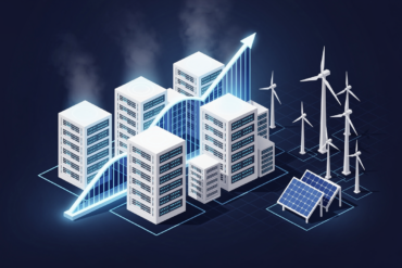 Abstract illustration of data centre infrastructure with emission trajectory curves and renewable energy elements