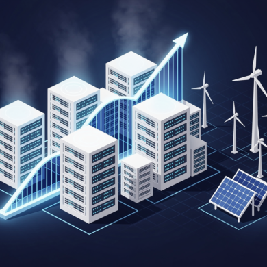 Abstract illustration of data centre infrastructure with emission trajectory curves and renewable energy elements