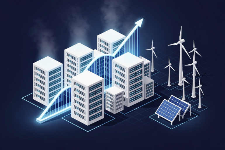 Abstract illustration of data centre infrastructure with emission trajectory curves and renewable energy elements