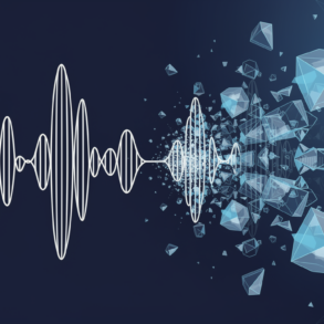 Abstract illustration of audio waveforms fragmenting into copies, representing AI-generated music impersonation