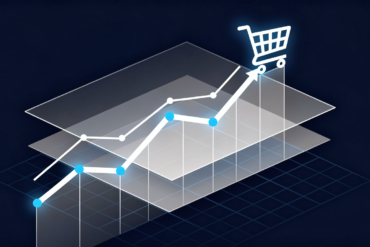 Abstract illustration of rising retail analytics data with shopping cart symbol showing AI-driven e-commerce growth
