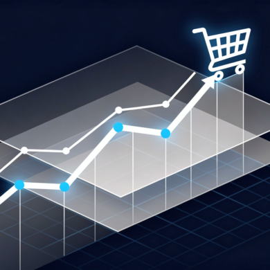 Abstract illustration of rising retail analytics data with shopping cart symbol showing AI-driven e-commerce growth