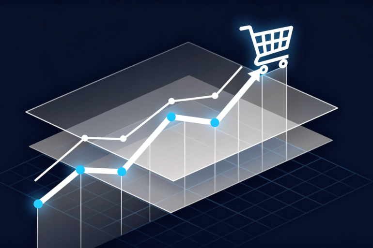 Abstract illustration of rising retail analytics data with shopping cart symbol showing AI-driven e-commerce growth