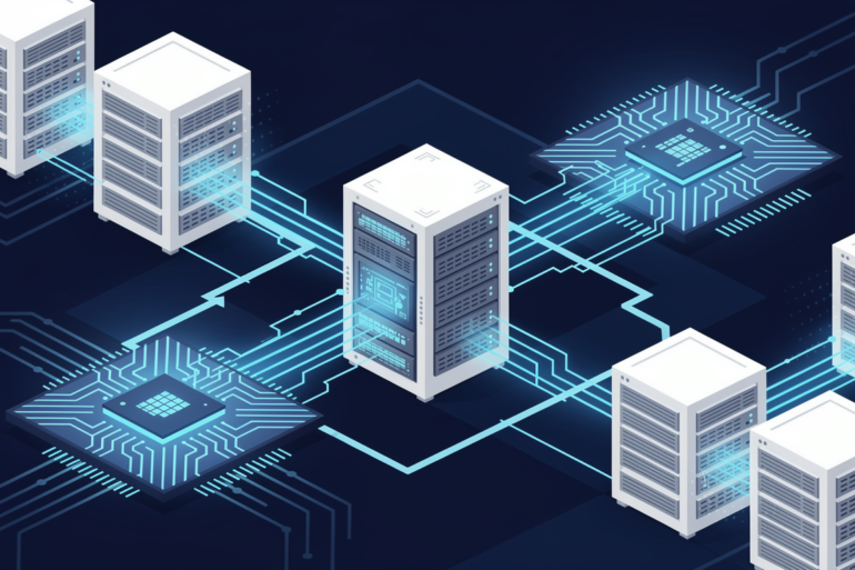 Abstract illustration of AI infrastructure and semiconductor architecture representing cloud computing hardware competition
