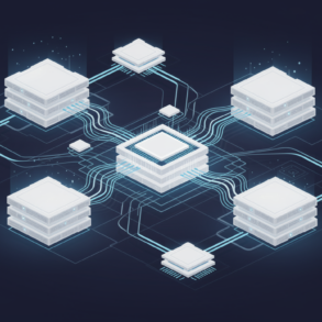 Abstract illustration of AI chip infrastructure showing interconnected server components and data flows