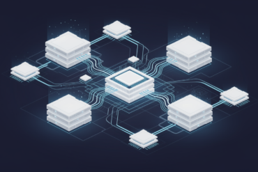 Abstract illustration of AI chip infrastructure showing interconnected server components and data flows