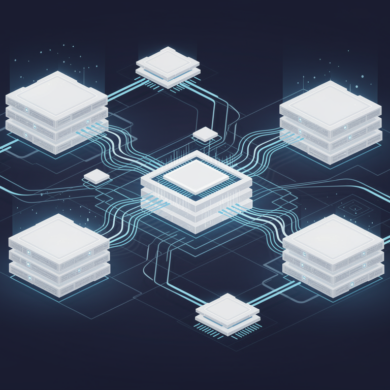 Abstract illustration of AI chip infrastructure showing interconnected server components and data flows