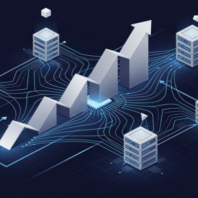 Abstract illustration of AI infrastructure and revenue growth showing connected computational nodes and ascending geometric forms