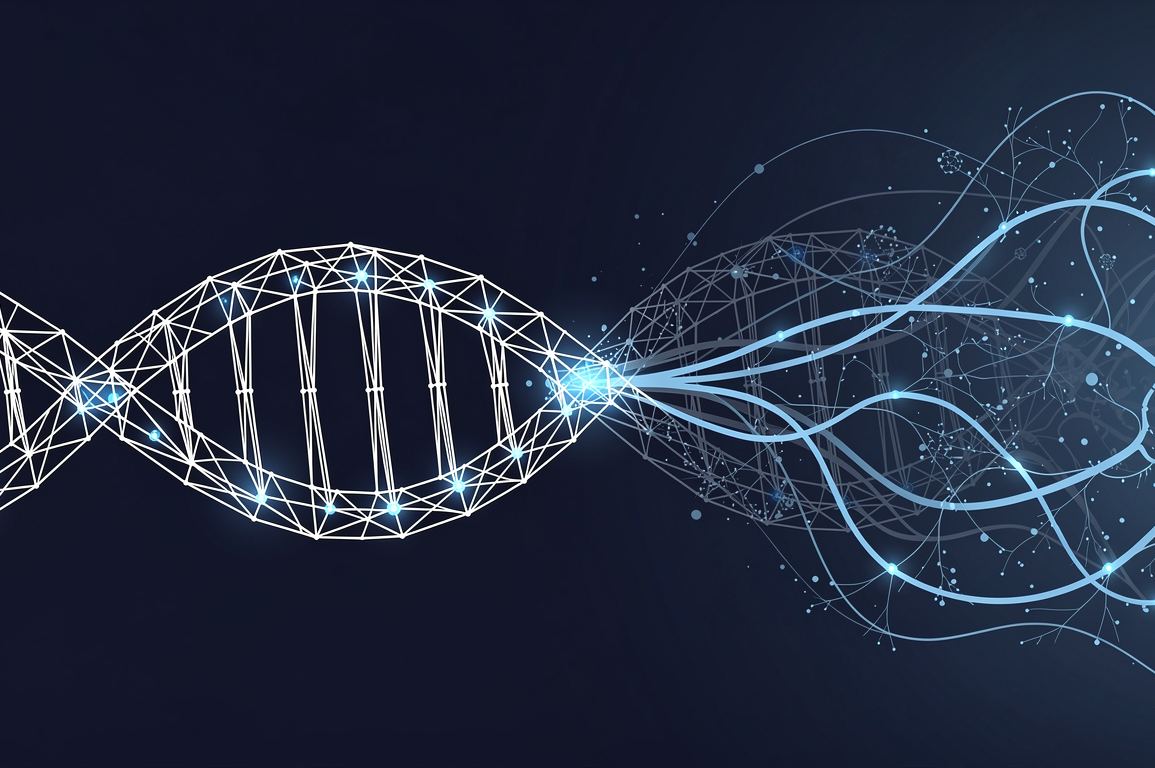 Abstract illustration depicting the convergence of artificial intelligence and biological sciences through geometric patterns