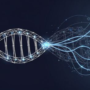 Abstract illustration depicting the convergence of artificial intelligence and biological sciences through geometric patterns