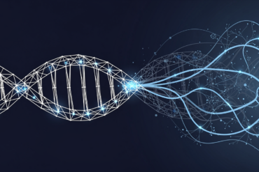 Abstract illustration depicting the convergence of artificial intelligence and biological sciences through geometric patterns