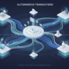 Abstract illustration of AI agents conducting autonomous transactions in a digital marketplace environment