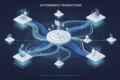Abstract illustration of AI agents conducting autonomous transactions in a digital marketplace environment