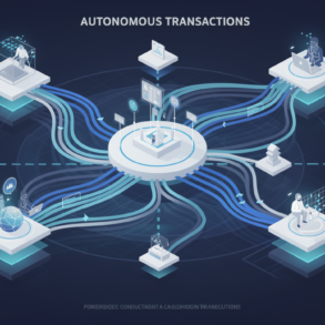 Abstract illustration of AI agents conducting autonomous transactions in a digital marketplace environment