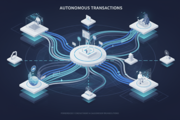 Abstract illustration of AI agents conducting autonomous transactions in a digital marketplace environment