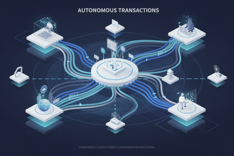 Abstract illustration of AI agents conducting autonomous transactions in a digital marketplace environment
