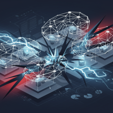 Abstract illustration of AI system security breach showing geometric network structures with penetration points