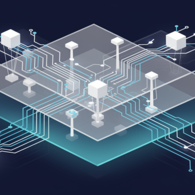 Abstract geometric illustration representing enterprise AI software engineering with layered architectural elements and data pathways