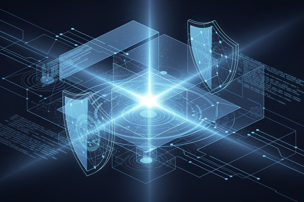 Abstract illustration depicting AI-powered cybersecurity vulnerability scanning across system architectures