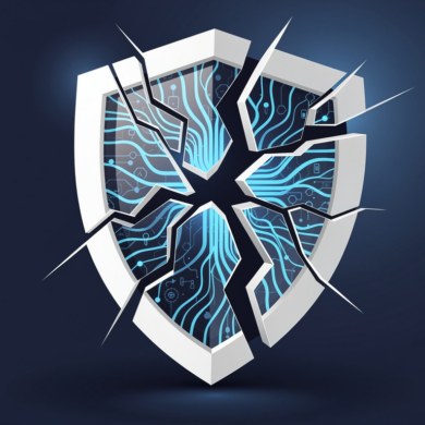 Abstract illustration of a fractured security barrier with AI network patterns exposed through breaks, representing Anthropic's Mythos model security breach