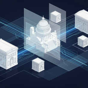 Abstract illustration depicting convergence of government infrastructure and cybersecurity technology through geometric architectural forms