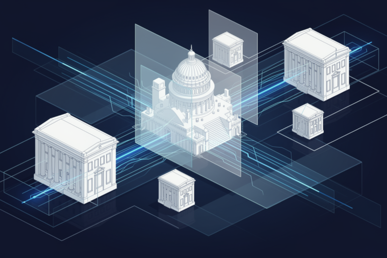Abstract illustration depicting convergence of government infrastructure and cybersecurity technology through geometric architectural forms