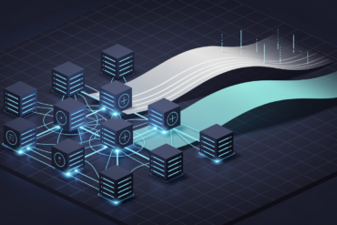 Abstract illustration of AI-native infrastructure showing interconnected server nodes and data flows in geometric composition