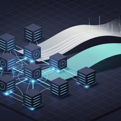 Abstract illustration of AI-native infrastructure showing interconnected server nodes and data flows in geometric composition