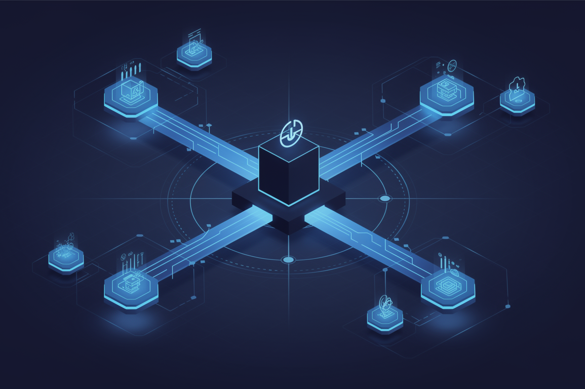 Abstract illustration of AI agents integrating into central platform hub with connecting pathways