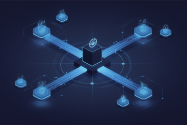 Abstract illustration of AI agents integrating into central platform hub with connecting pathways