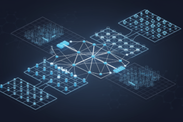 Abstract illustration of AI agent networks directing laboratory experimental workflows for pharmaceutical research