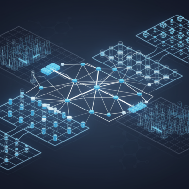 Abstract illustration of AI agent networks directing laboratory experimental workflows for pharmaceutical research