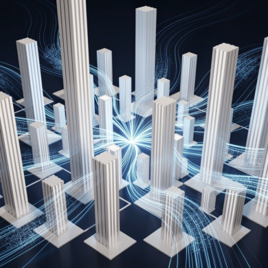 Abstract illustration depicting large-scale AI infrastructure investment with geometric pillars and flowing data streams