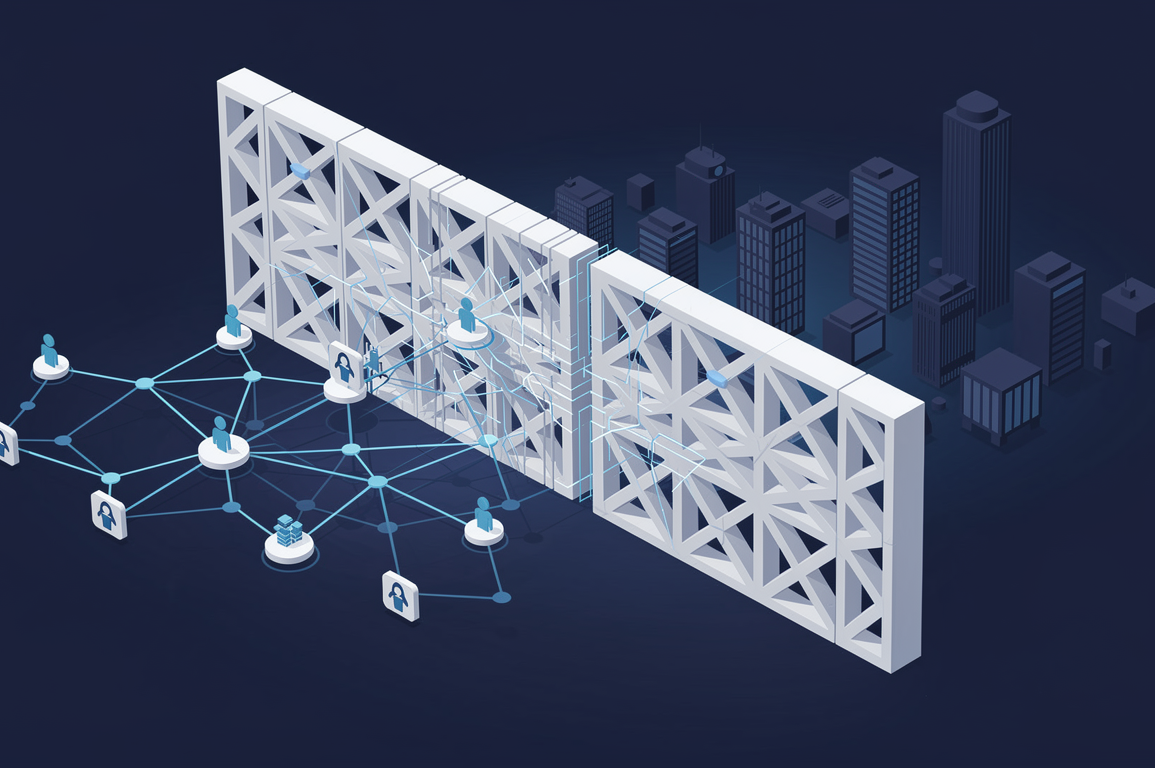Abstract illustration depicting regulatory barriers blocking a technology acquisition between corporate entities