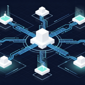 Abstract illustration of AI model orchestration network with central hub routing to multiple nodes
