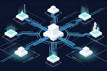 Abstract illustration of AI model orchestration network with central hub routing to multiple nodes