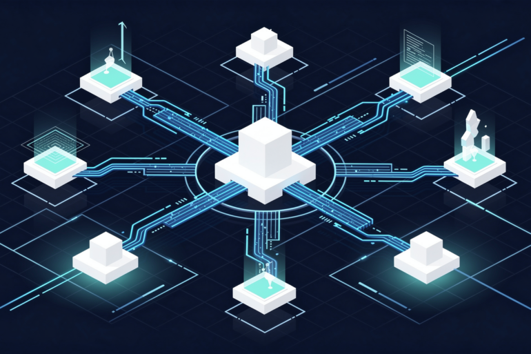 Abstract illustration of AI model orchestration network with central hub routing to multiple nodes