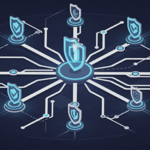 Abstract illustration of secure AI supply chain network with interconnected nodes and protected pathways